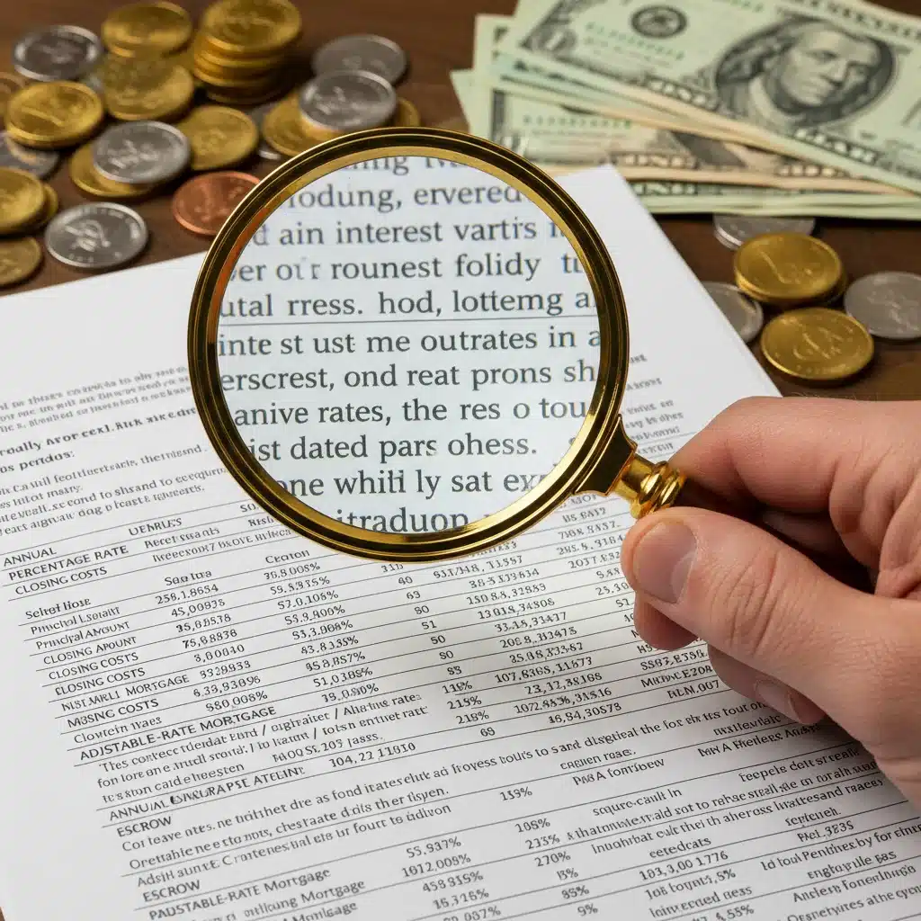 Magnifying glass over loan document, scrutinizing terms and conditions