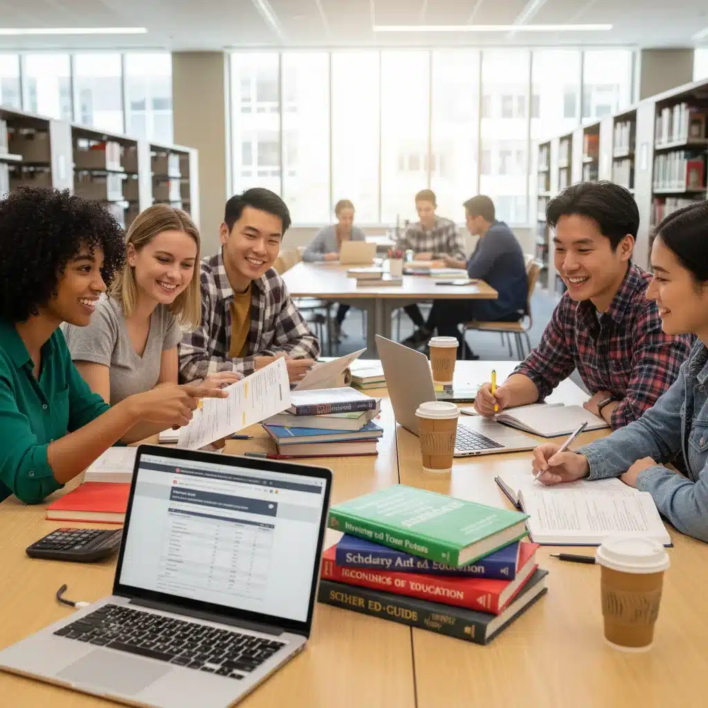 Diverse students studying, discussing education costs