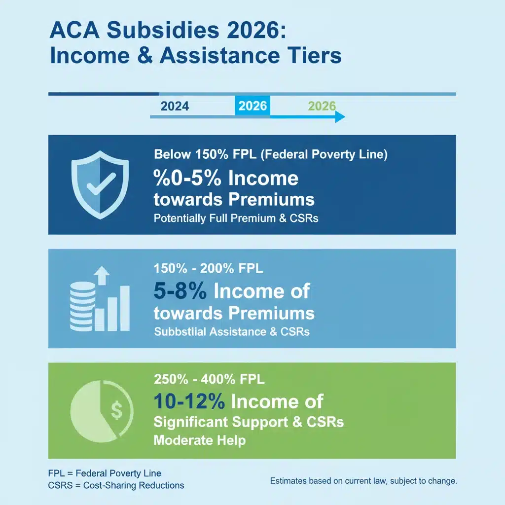 Infographic detailing ACA subsidy eligibility and income thresholds for 2026