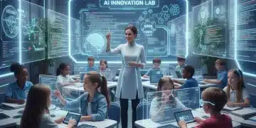 Students learning artificial intelligence in a futuristic classroom setting