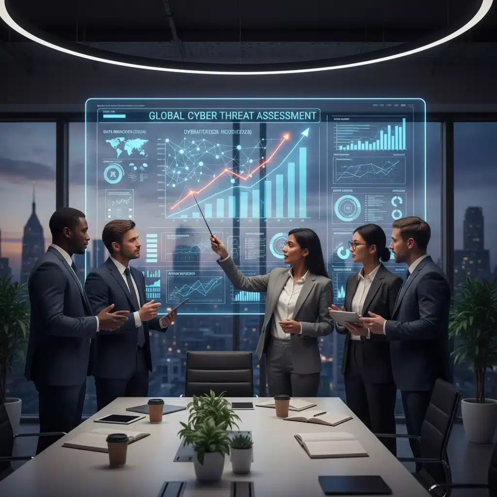 Business team collaborating on cybersecurity defense strategies against a new threat.