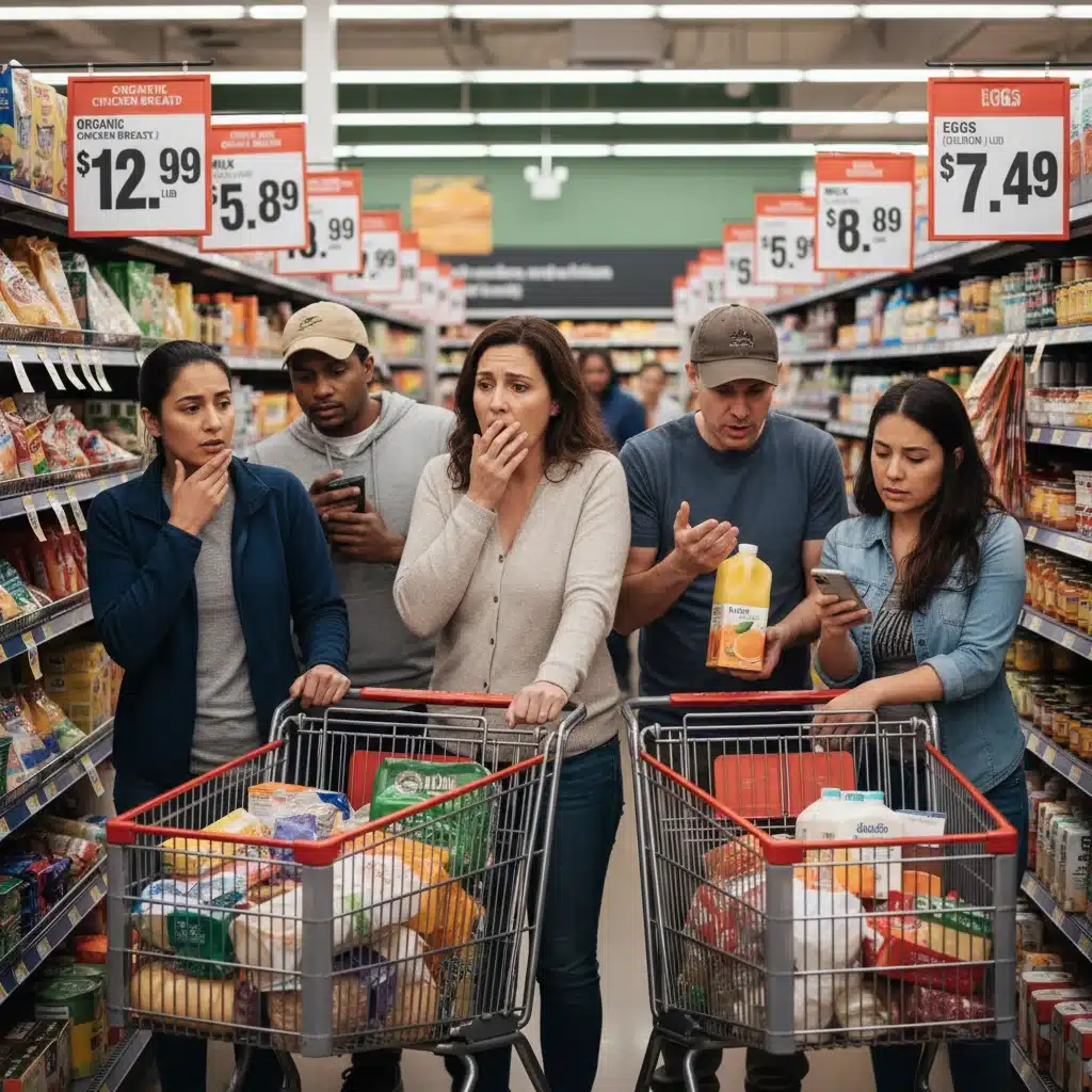 Concerned U.S. consumers observing higher prices in a grocery store.