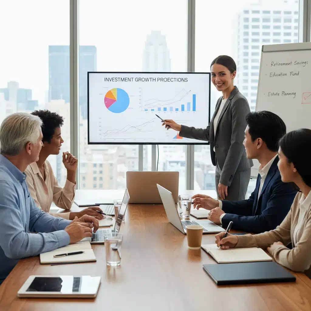 Financial advisor guiding diverse clients through investment and retirement planning strategies.
