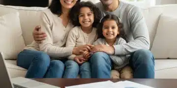 Happy family reviewing tax documents for child tax credit