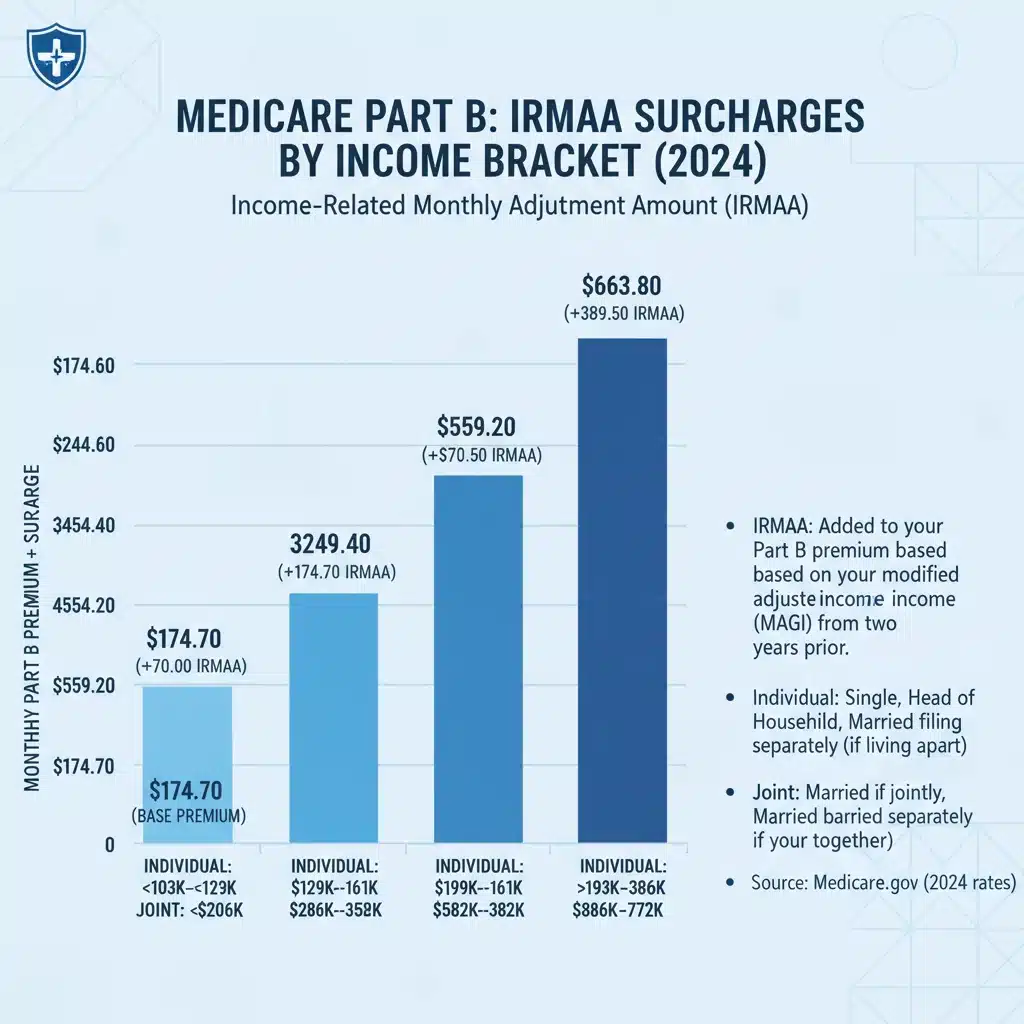 Infographic showing Medicare Part B IRMAA income brackets and surcharges