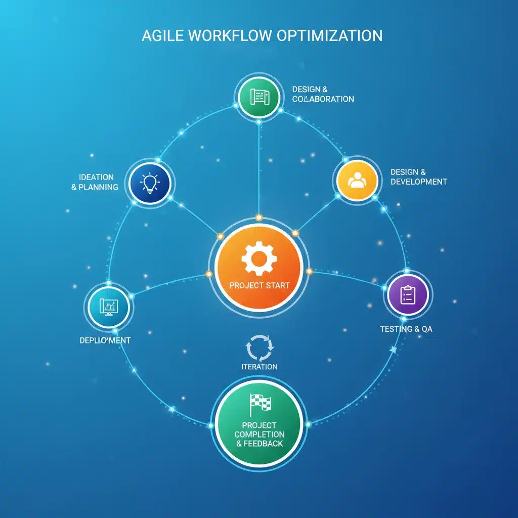 Infographic illustrating project management methodologies and interconnected team workflows.