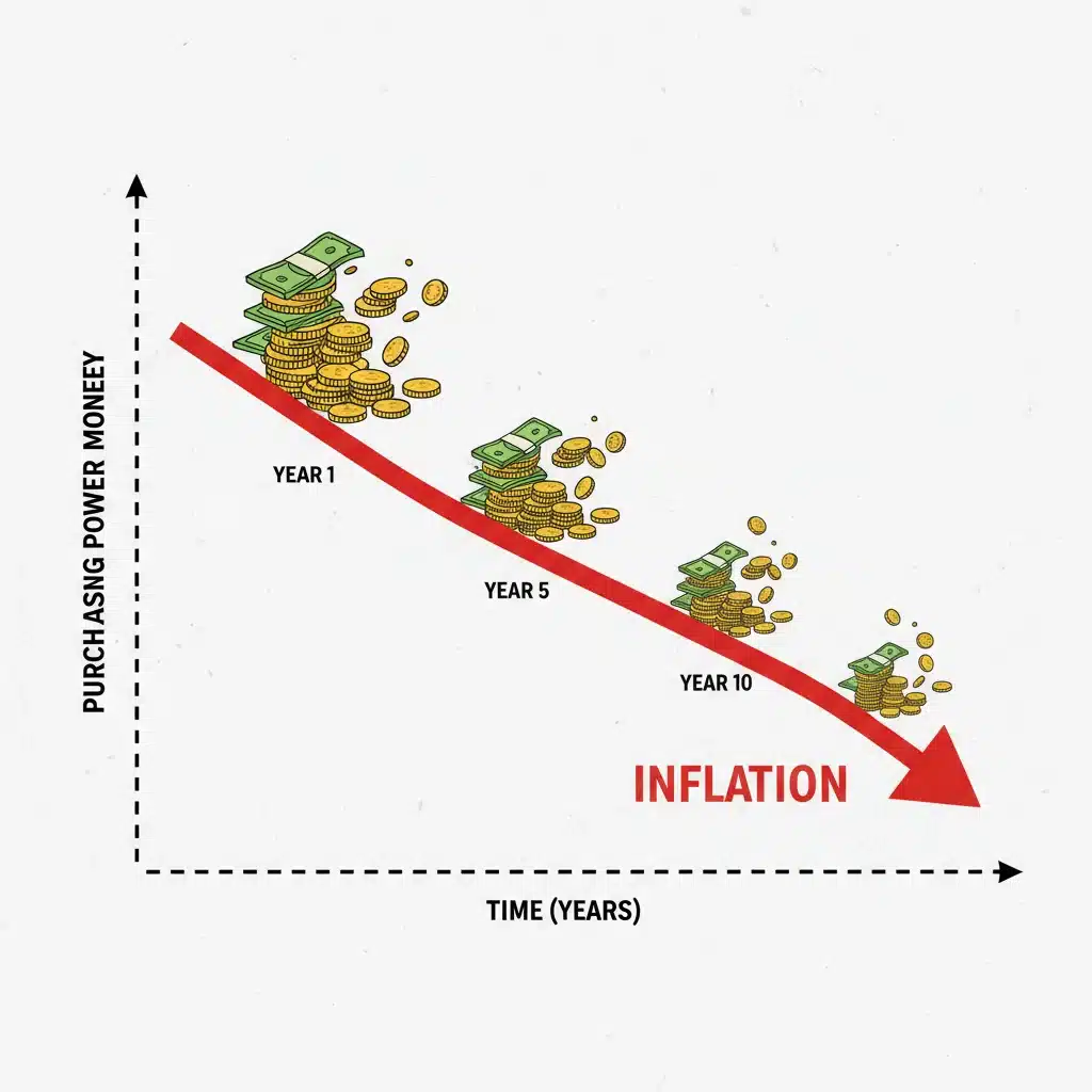 Graphic showing declining purchasing power due to inflation, with shrinking money stacks.