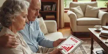 Couple analyzing financial data on a tablet, concerned about future inflation's impact on retirement.