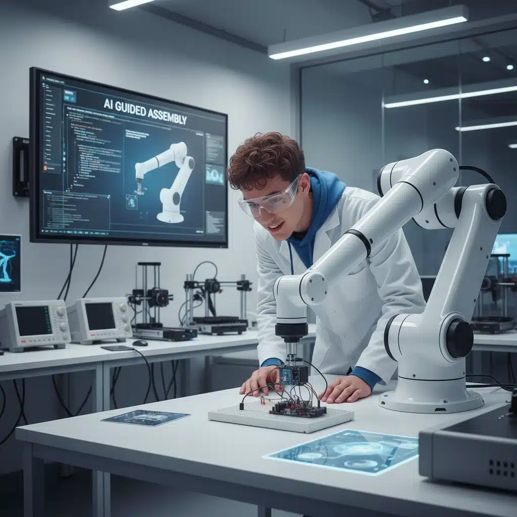 Student and robotic arm in a STEM lab demonstrating AI application
