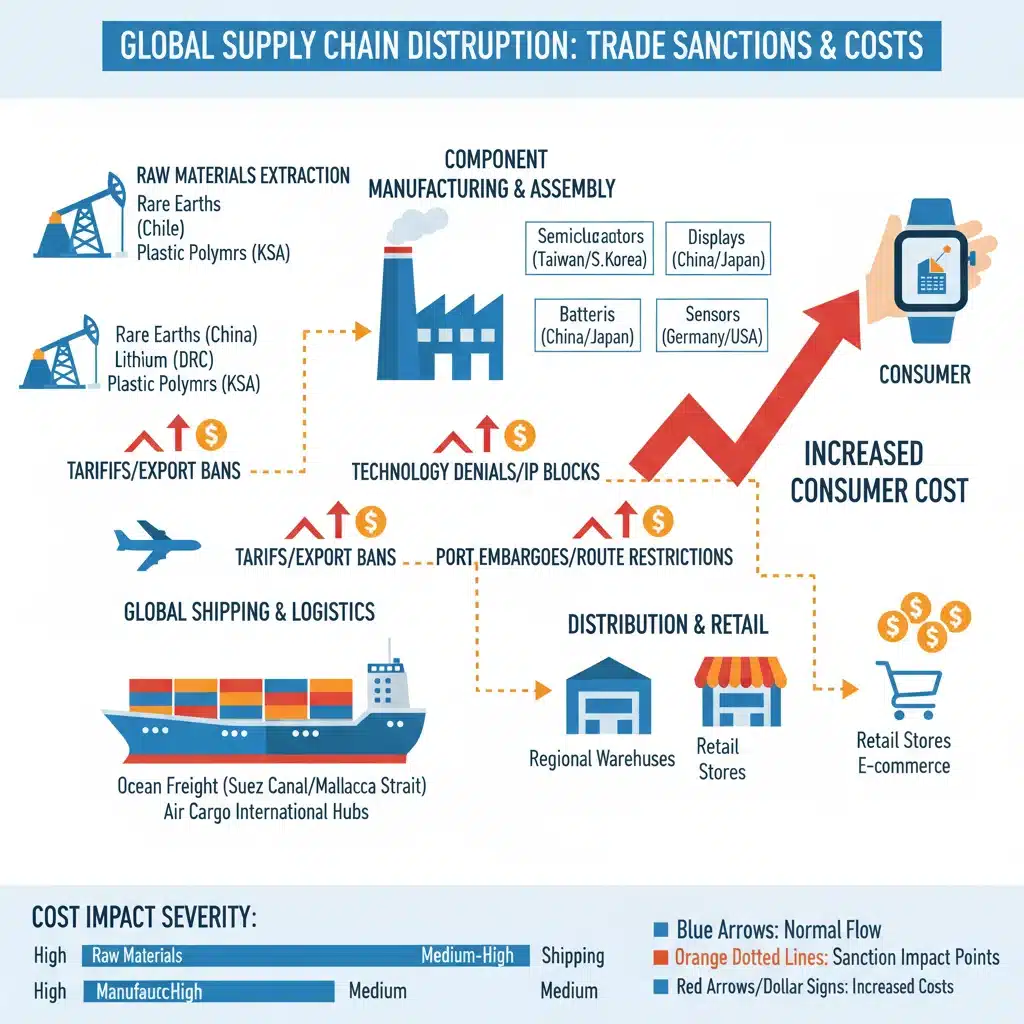 Infographic showing supply chain disruptions and cost increases due to trade sanctions.