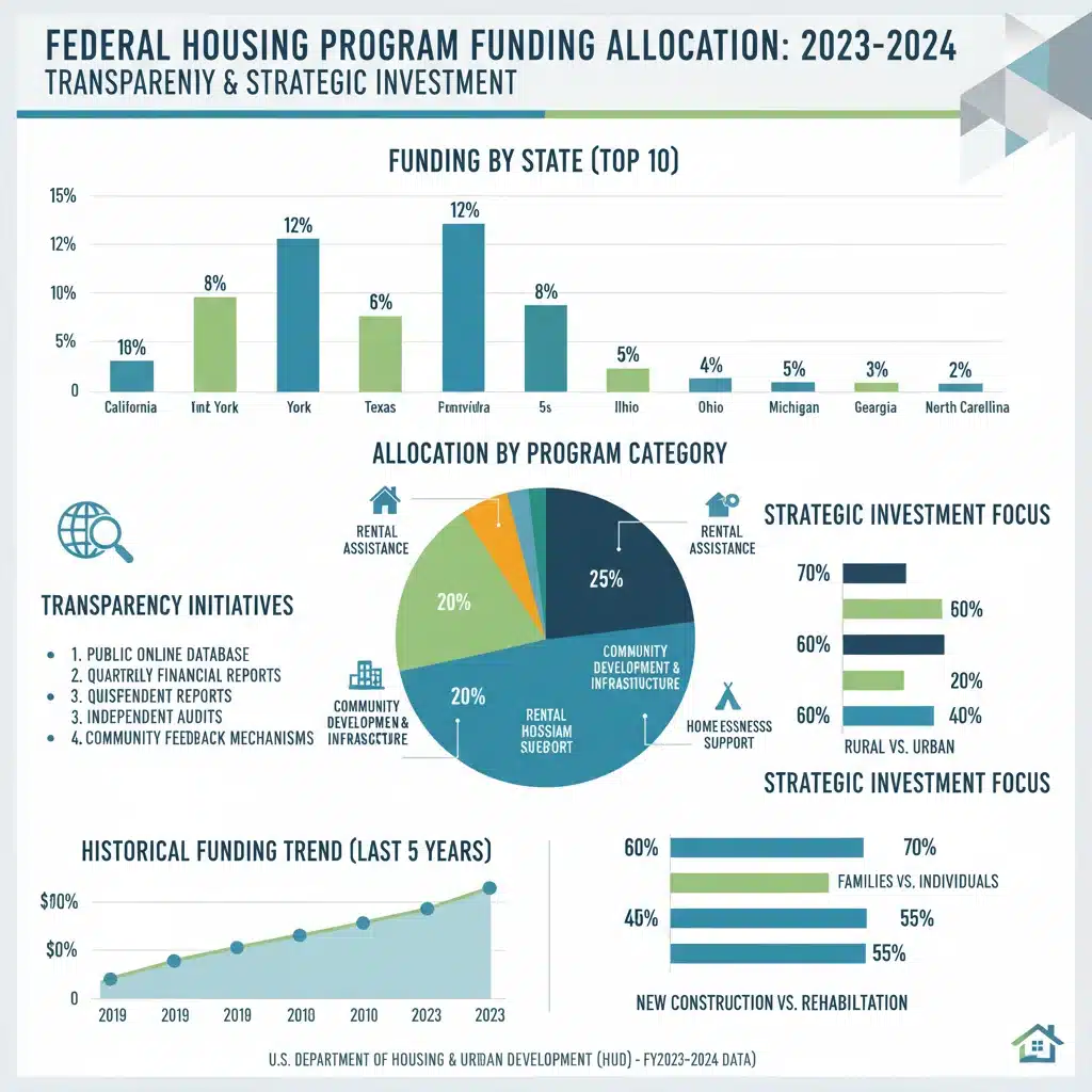Infographic detailing federal housing funding allocation across regions and programs.