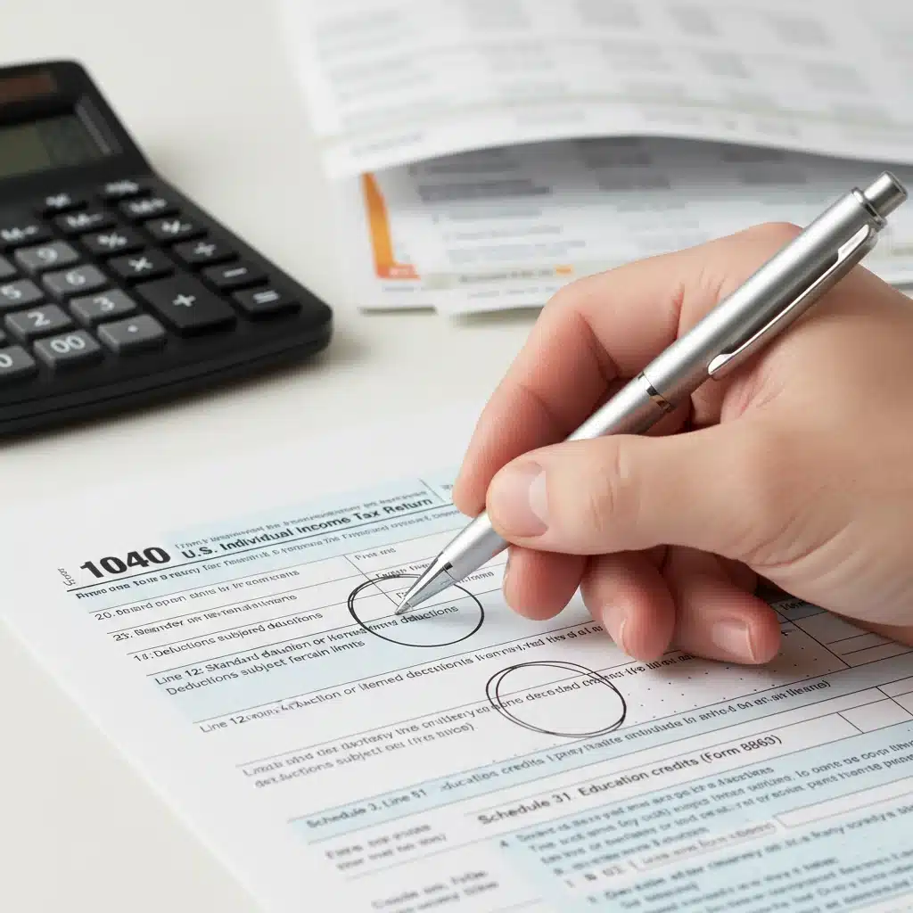 Hand highlighting tax deductions and credits on an IRS form.