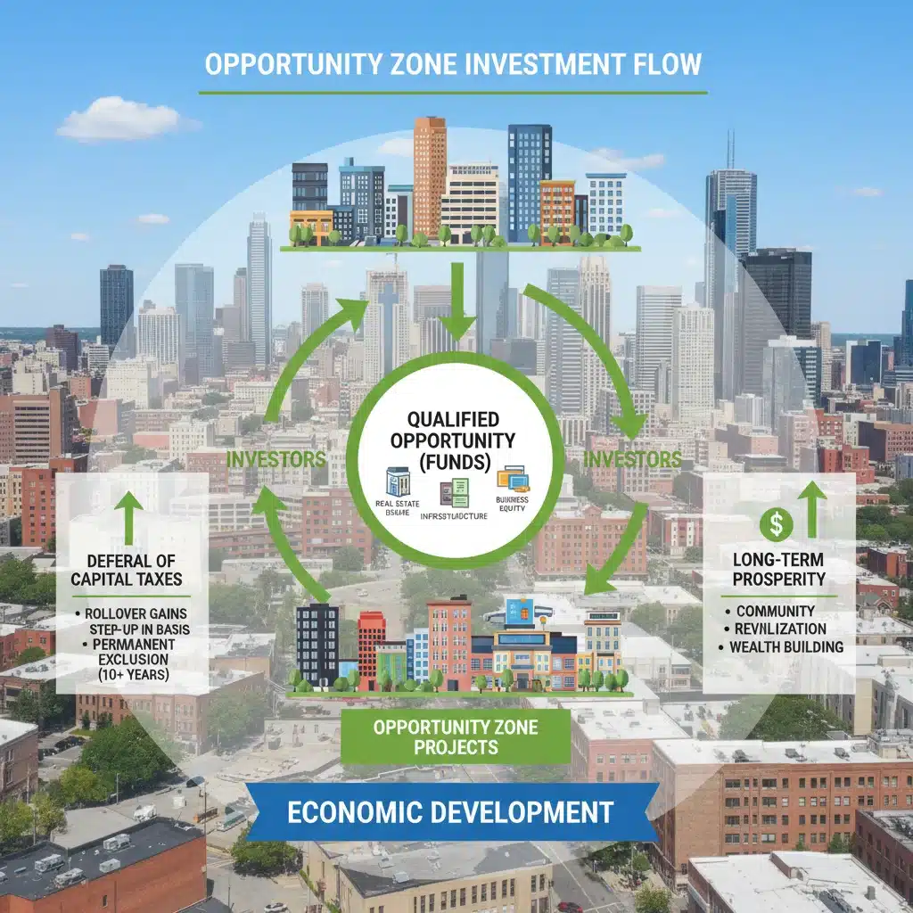 Infographic illustrating investment into an Opportunity Zone for tax benefits.