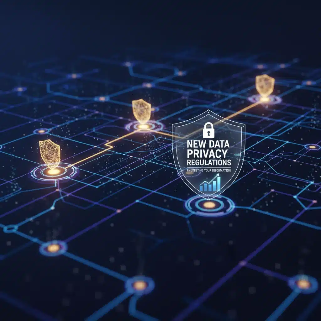 Interconnected digital lines showing secure data flow and protected data points