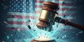Supreme Court gavel striking digital circuit board, symbolizing data privacy ruling impact