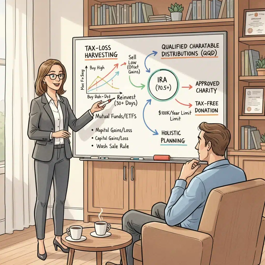 Financial advisor explaining tax-loss harvesting and charitable giving strategies to a client.